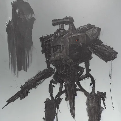 Prompt: hunt showdown mech boss in dark lair painting