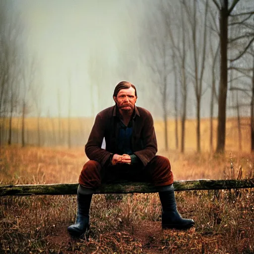 Prompt: medium shot portrait of arthur morgan sitting on fence, tired expression, faded color film, russian cinema, mario testino, tarkovsky, technicolor, heavy forest, wood cabin in distance, shallow depth of field, long brown hair, old clothing, heavy fog, brown color palette, sunset, low light, hudson river school, 4 k, dramatic lighting