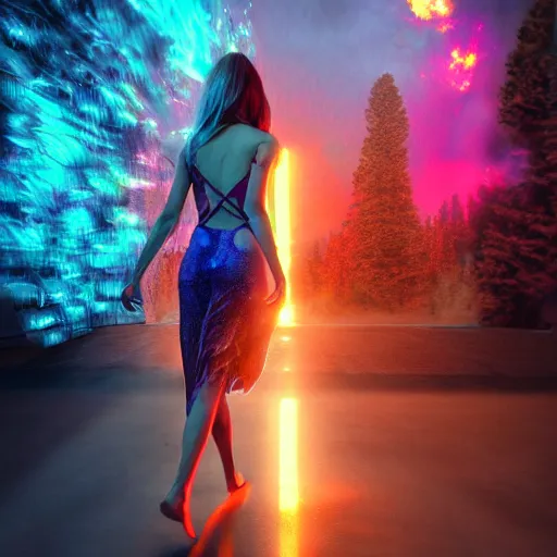 Image similar to Photorealistic magic goddess walking away from an explosion. Hyperdetailed photorealism, 108 megapixels, amazing depth, glowing rich colors, powerful imagery, psychedelic Overtones, 3D finalrender, 3d shading, cinematic lighting, artstation concept art