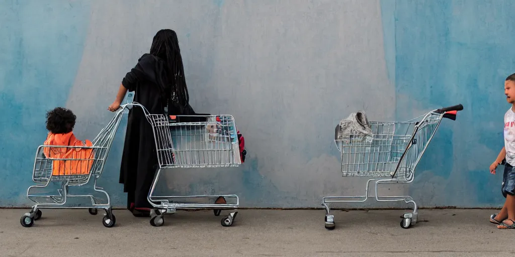 Prompt: homeless mother pushing a shopping cart with a child riding in it, in front of a blank wall