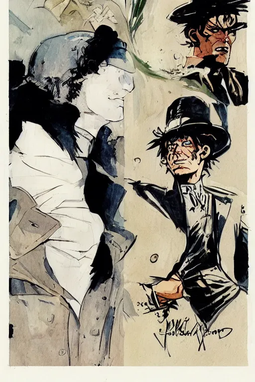 Image similar to sandman dream and corto maltese staring at each other, close up, portraits, comic book cover, art by hugo pratt