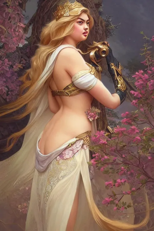 Image similar to kate upton as a princess, fantasy, intricate, elegant, highly detailed, digital painting, artstation, concept art, matte, sharp focus, illustration, art by artgerm and greg rutkowski and alphonse mucha