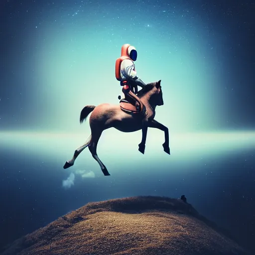 Image similar to photography of animal horse riding on top of an human man in astronaut costume. from western by hiroyuki okiura and katsuhiro otomo and alejandro hodorovski style with many details by mike winkelmann and vincent di fate in sci - fi style. volumetric natural light photo on dsmc 3 system,