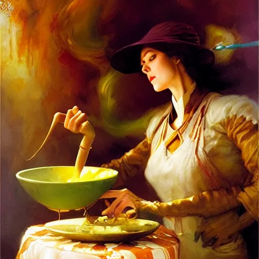 Prompt: stunning female master wizard cooking magical soup with a huge pot, highly detailed painting by gaston bussiere, craig mullins, j. c. leyendecker, 8 k