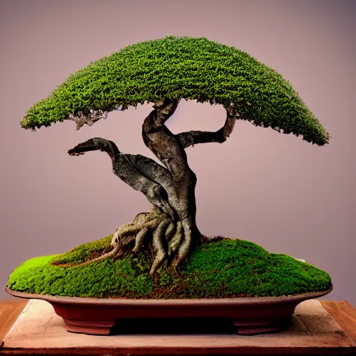 Image similar to A picture of a planet of various flowers, fungus and plants, Bonsai , in which the human figure is dressed in something magical and impressive, inside the picture is infinity, muted light, BotanicalAtmospheric phenomenon, artistic photography, muted colors, conceptual, Kodachrome