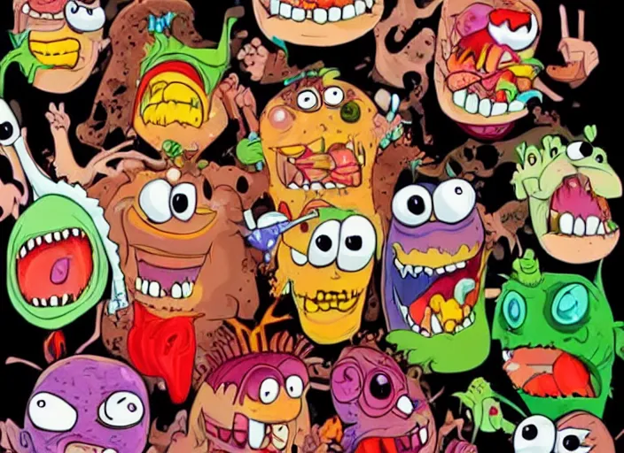 Image similar to aaahh!!! real monsters messy food fight, detailed facial expressions