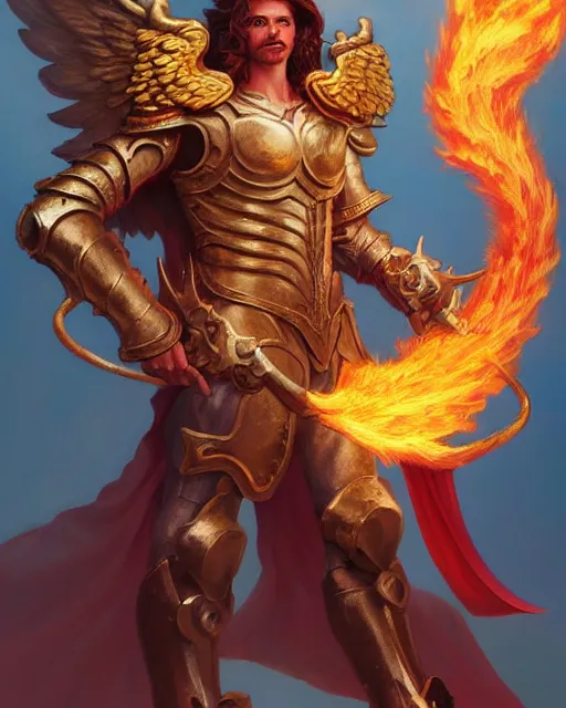 Prompt: character portrait of a brawny male angel of justice, with fiery golden wings, wearing shining armor, wielding a flaming sword, by peter mohrbacher, mark brooks, jim burns, wadim kashin, greg rutkowski, larry elmore, trending on artstation