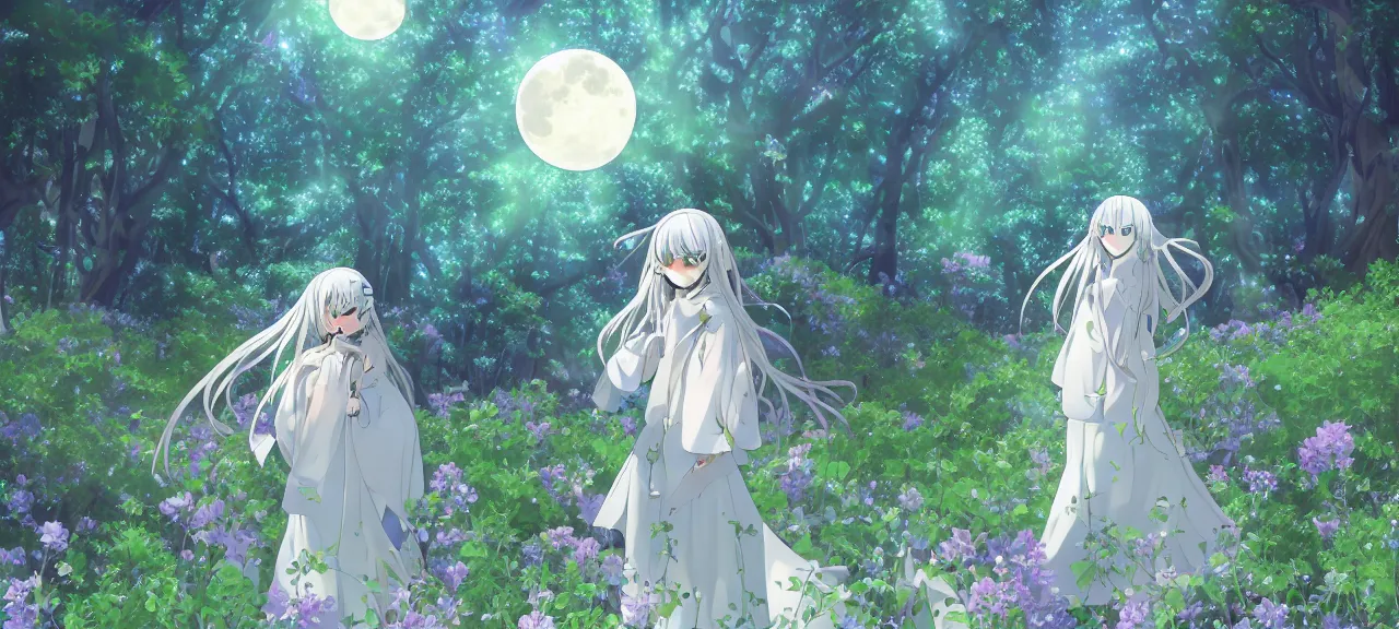 Prompt: illyasviel walking through enchanted ghibli clover | Big Moon at Blue Night | Trees with white flowers | bioluminescent blue FLOWERS | strong blue rimlit | visual-key | anime illustration | highly detailed High resolution | Light Novel | Visual Novel | In the style of Miyama-Zero, Yuuki Hagure