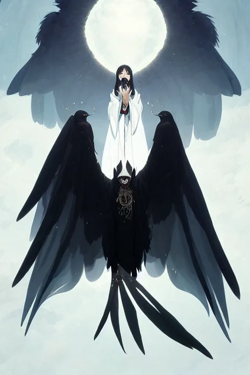 Image similar to raven headed warlock doing magic spells wind, white robes, finely detailed perfect face, exquisite details, mid view, design on a white background, by studio muti, greg rutkowski makoto shinkai takashi takeuchi studio ghibli