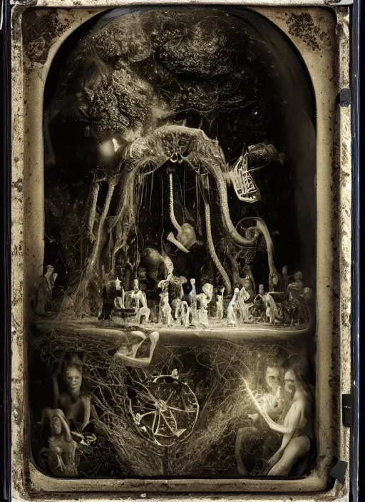 Prompt: old wetplate daguerreotype birth of the invention of time and past, fractal, intricate, elegant, highly detailed, parallax, leica, medium format, subsurface scattering, by jheronimus bosch and greg rutkowski and louis jacques mande daguerre