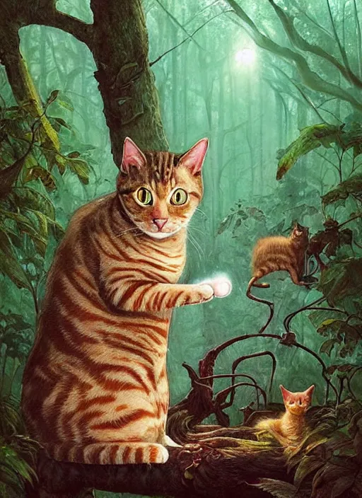 Image similar to a hyper realistic illustrated cat with happy lighting playing in the woods gorgeous lighting, sunbeams blue sky, lush forest foliage painting by chiara bautista and beksinski and norman rockwell and greg rutkowski weta studio, and lucasfilm