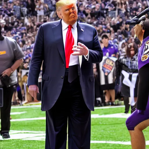 Image similar to Donald Trump wearing a Baltimore Ravens jersey. realistic. 8k. Highly detailed.