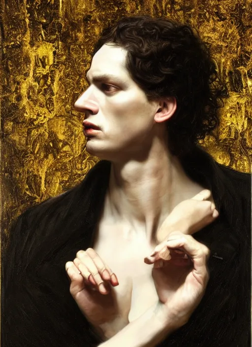 Prompt: highly detailed oil painting | very intricate | cinematic lighting | black, white and gold color scheme, dark background | the business man by alexander mcqueen | by roberto ferri, by gustav moreau, by singer sargent and klimt, american romanticism, occult art | by austin osman spare, artstation, cgsociety, official art, octane