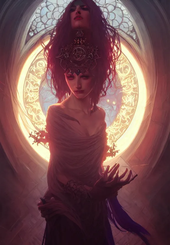 Image similar to Necromancer Sorceress in center, fantasy magic, undercut hairstyle, dark light night, intricate, elegant, sharp focus, illustration, highly detailed, digital painting, concept art, matte, art by WLOP and Artgerm and Greg Rutkowski and Alphonse Mucha, masterpiece