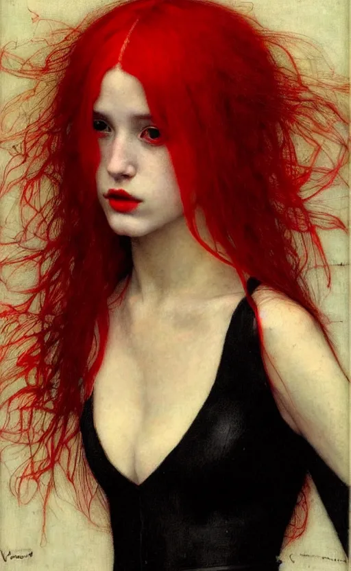 Image similar to portrait of girls with long red hair in black dress, under red water, very beautiful style, girl wrapped in black leather, photorealism, edgard maxence,