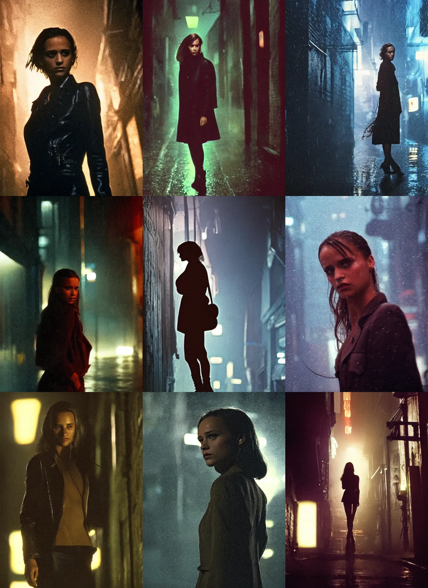 Prompt: A close-up, color outdoor film still of a Alicia Amanda Vikander in the alleyway, heavy rain, dynamic lighting at night, from Blade Runner(1982).