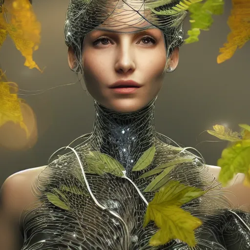 Image similar to a highly detailed digital image of a futuristic woman elegantly wrapped with robotic leaves, by Andrea Chiampo, artstation and Frederik Heyman, extremely detailed woman, stunning volumetric lighting, hyper realism, fantasy 4k