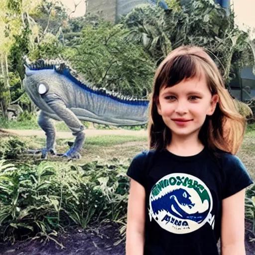 Prompt: photo of cute girl wearing a Jurassic park t shirt