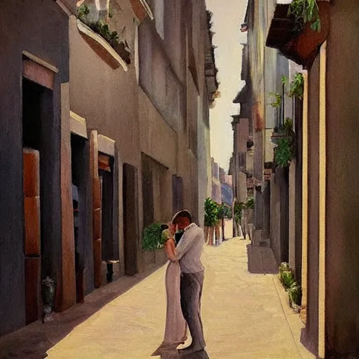 Image similar to our lost honeymoon by clara memette. painting inspired by italian streets. dim romanticism