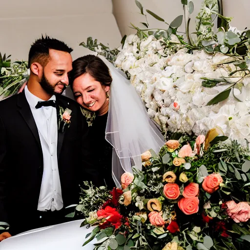 Prompt: a bride and groom embrace next to an open casket funeral, wedding photo