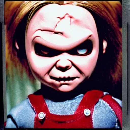 Prompt: polaroid photo of the doll chucky from the movie child's play remake. dark, gloomy, highly detailed.