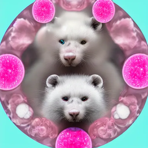 Image similar to white mink with head surrounded by pink circle made of chromosomes and bacteria matte art hd lilia alvarado 8k starring at camera symmetrical mink face bacteria chromosomes matte