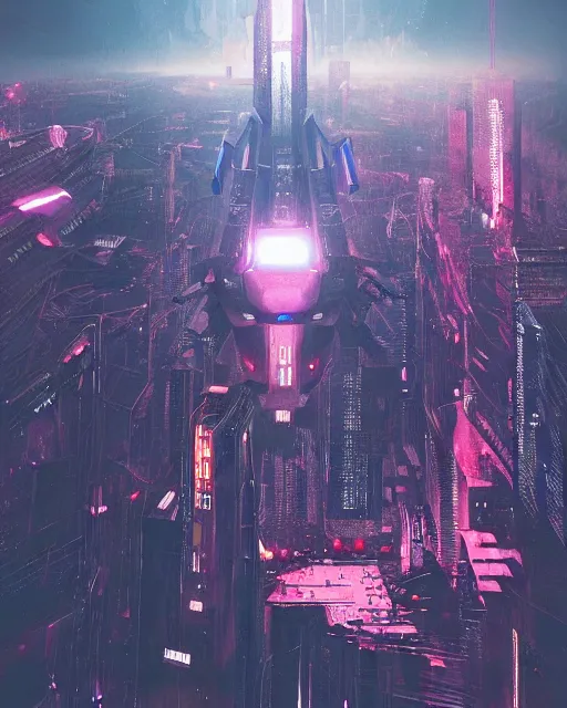 Image similar to cyberpunk drone above a city, scifi, futuristic, neon light, highly detailed, concept art, sharp focus, trending on artstation, intricate, atmosphere, raining, art by roman makarenko, dzung phung dinh