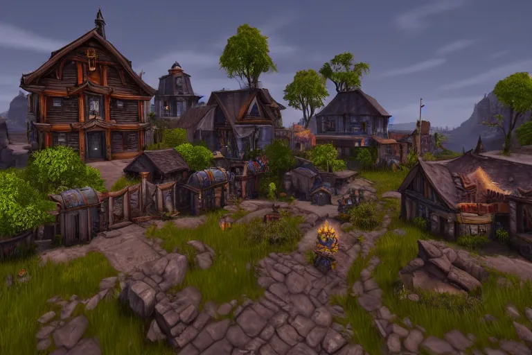 Prompt: a town in the style of a World of Warcraft screenshot, highly detailed, Unreal Engine 4k