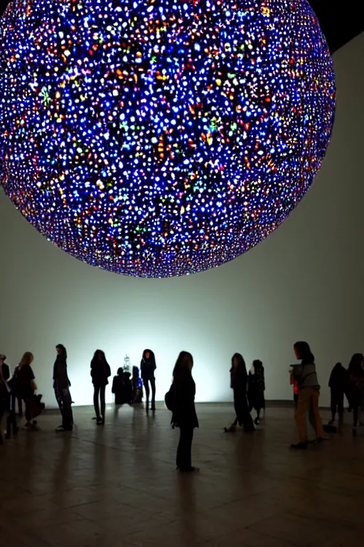 Image similar to public art installation about space and time. projected on big suspended sphere inside big and dark venue