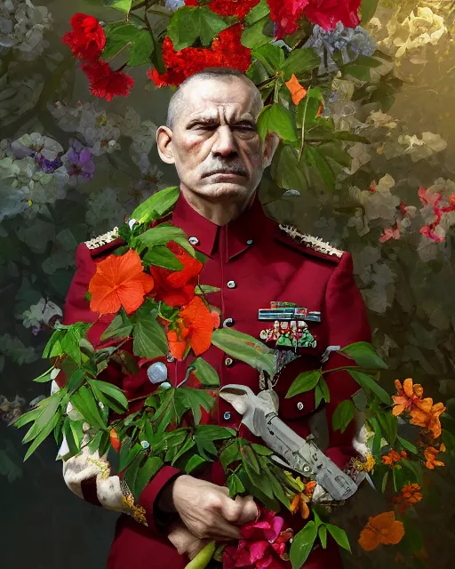 Image similar to a beautiful portrait photo of a angry military general man in uniform, looking very angry, covered by hibiscus, daffodils, hydrangea, montsera leaves by tom bagshaw and zach sutton, explosion of flowers, very detailed, artstation, 8 k