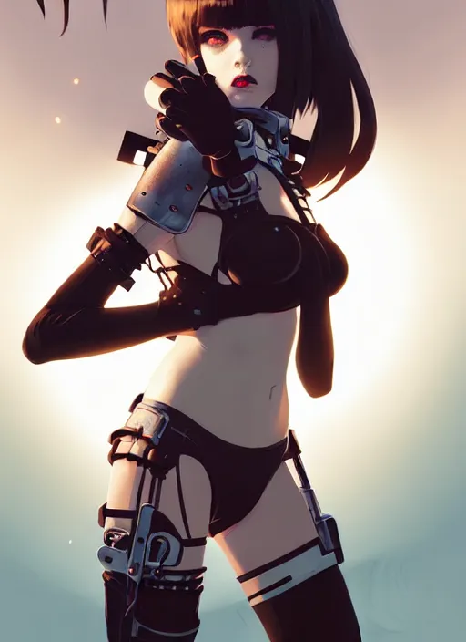 Image similar to portrait of cute goth girl in cyber bikini armor, face by ilya kuvshinov, warhammer, cyberpunk, by atey ghailan, by greg rutkowski, by greg tocchini, by james gilleard, by joe fenton, by kaethe butcher, dynamic lighting, gradient light blue, brown, blonde cream and white color in scheme, grunge aesthetic