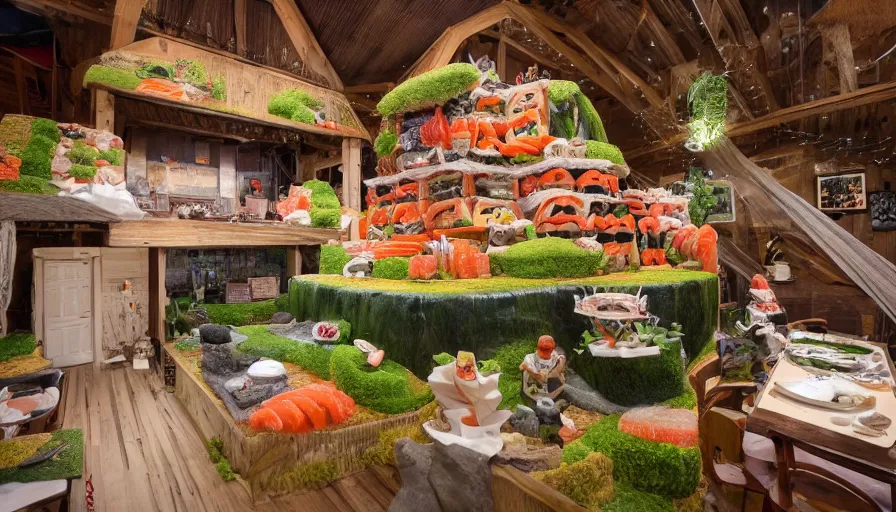 Prompt: a Barndominiums house made of sushi, 4k photography award winning,