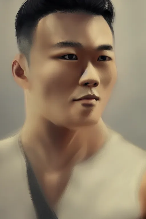 Prompt: portrait of a handsome asian man, cool hairstyle, half body shot, trending on artstation