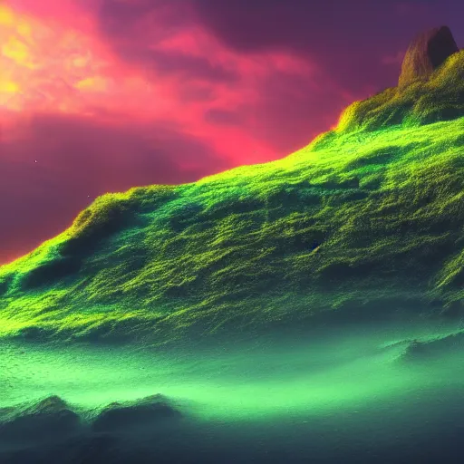 Image similar to a green opaque bubble floating in the center of a sunset cliff, white particles going up inside the bubble, digital concept art, 4 k