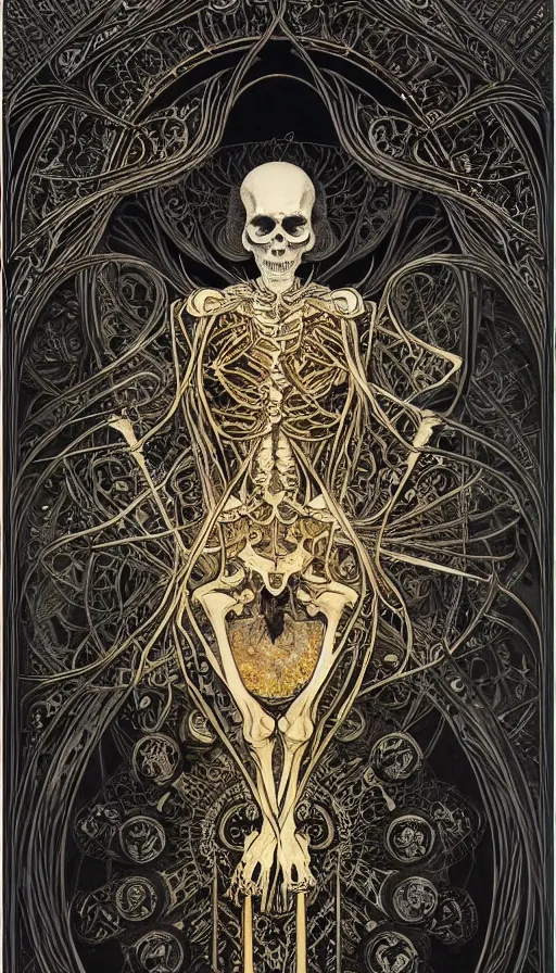 Image similar to a skeleton in a black cloak, highly detailed, very intricate, art nouveau, gold filigree, left right symmetry, tarot concept art watercolor illustration by mandy jurgens and alphonse mucha and alena aenami, featured on artstation