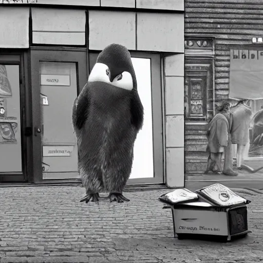 Prompt: Pengu trying to sell stuff on the street, in the style of Otmar Gutmann and Erika Brueggemann, digital art