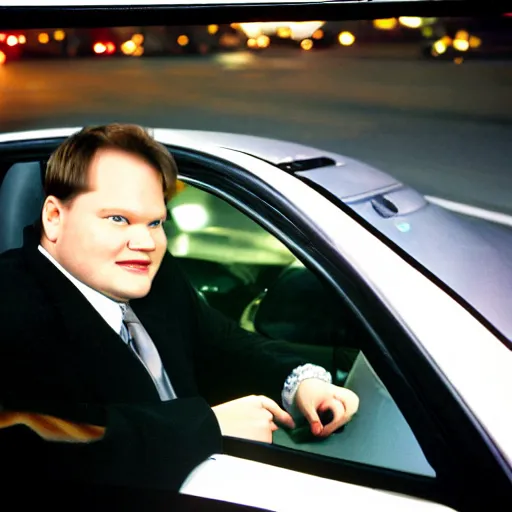 Image similar to 1 9 9 8 andy richter wearing a black wool coat and necktie in his car driving through the streets of chicago at night, point of view from back seat of car, warm, cozy, safe atmosphere