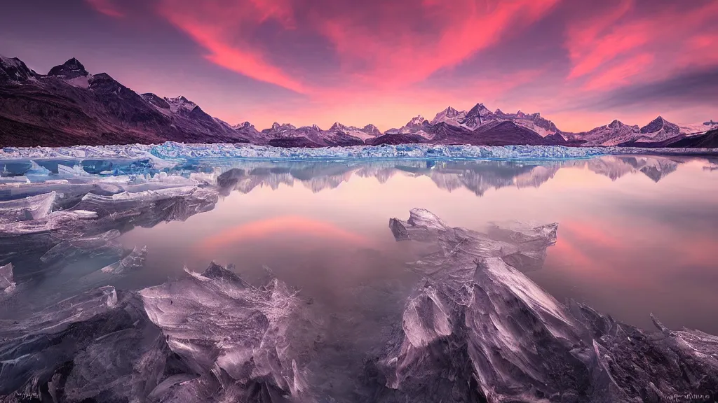 Image similar to amazing landscape photo of a glacier with lake in sunset by marc adamus, beautiful dramatic lighting
