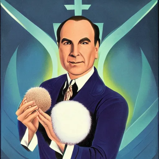 Image similar to Art deco portrait of Doctor Phlox affectionately holding a tribble in his hand