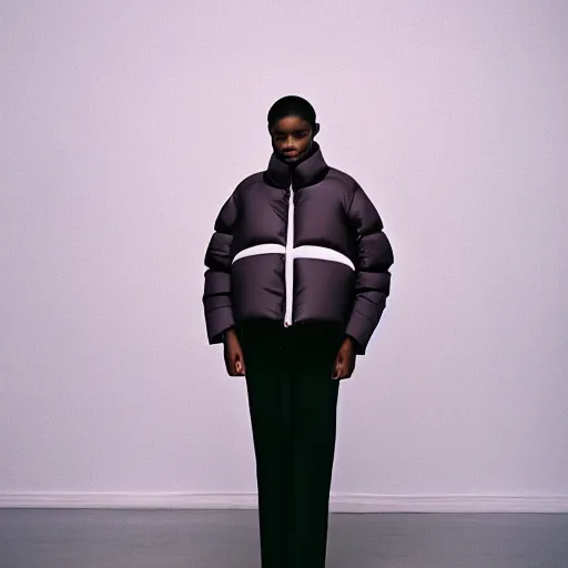Prompt: realistic photoshooting for a new issey miyake lookbook, color film photography, portrait of a beautiful woman, model is wearing a asymetrical puffer jacket, photo in style of tyler mitchell, 3 5 mm,