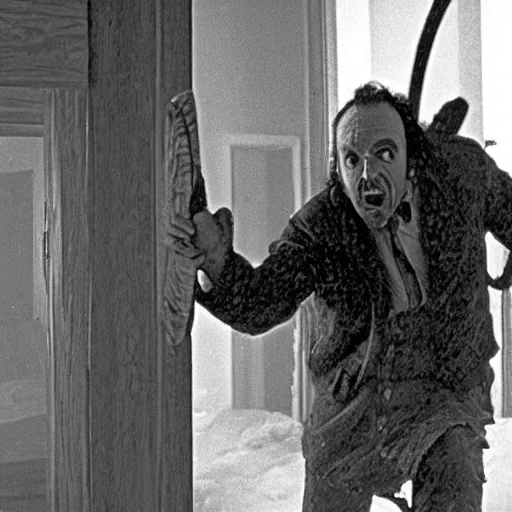 Image similar to here's johnny, breaking through the doo with an axe, in the movie the shining