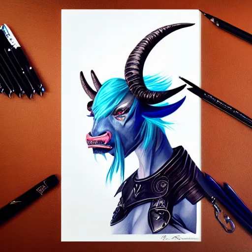 Image similar to illustrated realistic portrait female ram-horned kobold with asymmetrical bob haircut blue hair with black evil devil eyes wearing strap leather armor by rossdraws