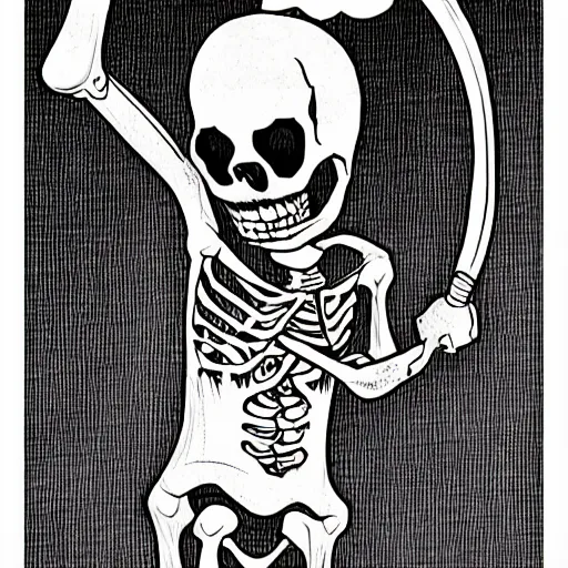 Image similar to a black and white detailed comic cartoon drawing of the skeleton of death giving a thumbs up and smiling, trending on artstation, 4 k