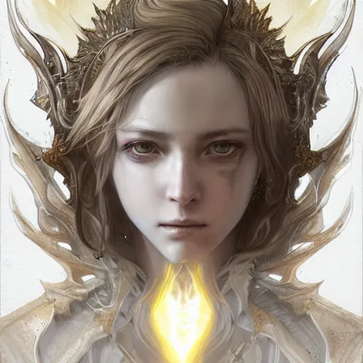 Image similar to Final Fantasy white mage character portrait, symmetrical face, cinematic lighting, glowing golden eyes, hyper-detailed, cgsociety, 8k, high resolution, in the style of Charlie Bowater, Tom Bagshaw, Artgerm, single face, symmetrical, headshot photograph, insanely detailed and intricate, beautiful, elegant, watercolor, cinematic, portrait, Raphaelite, headroom, artstation