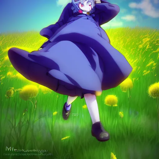 Image similar to Komeiji Koishi dancing in a field of dandelions, by Makoto Shinkai, anime, Touhou, digital art, soft lighting