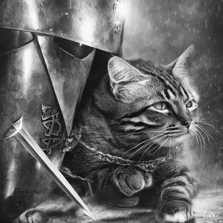 Image similar to an amazing award winning photo of a cat as knight templar protecting the holy grail, very detailed and sharp, 4k hdr, cinematic masterpiece