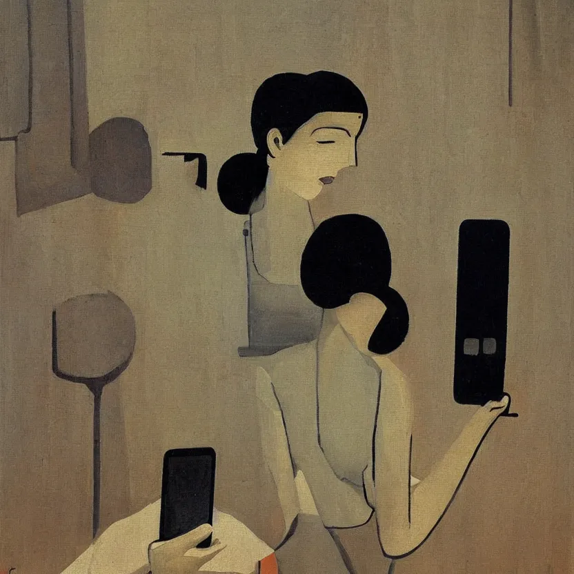 Image similar to a painting of a smartphone by felice casorati