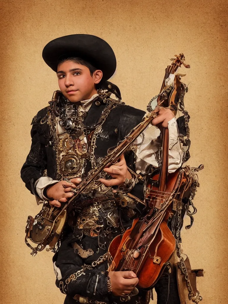 Prompt: Portrait of a Steampunk Young Mariachi Musician in Zacatecas, by Manuel Sanjulian and Tom Baghsaw, artstation 🇲🇽