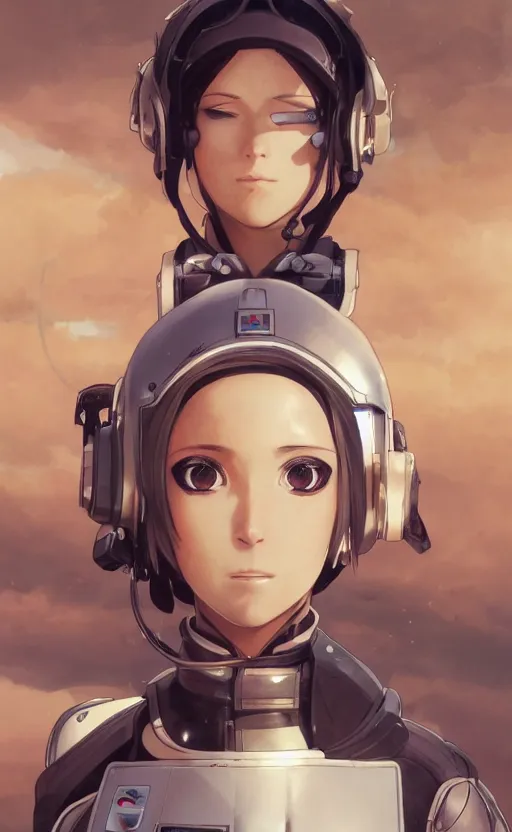 Prompt: pilot girl, cyborg aircraft parts, anime style, military pilot clothing, shoulder eyes, last exile anime, hair down, symmetrical facial features, from arknights, hyper realistic, 4 k, rule of thirds, extreme detail, detailed drawing, trending artstation, realistic lighting, by alphonse mucha, greg rutkowski, short neck