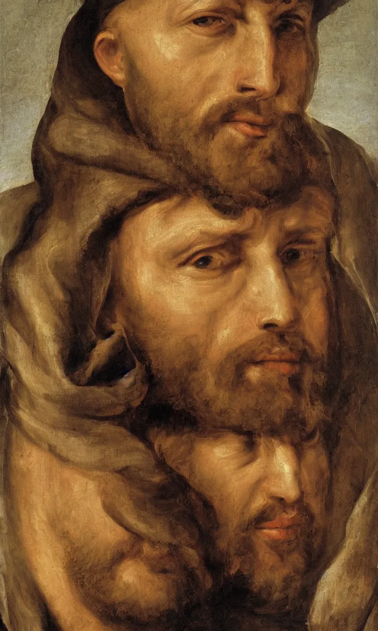 Prompt: an oil painting of Saint Francis of Assisi very detailed face, wearing brown habit and hood, by Rubens